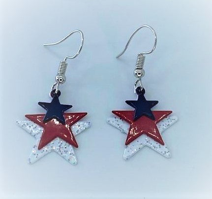 Patriotic Triple Star Earrings Big White Starlet Shimmer Earrings