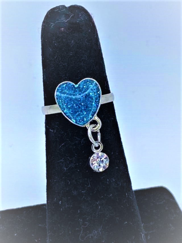 Blue Heart with White Rhinestone Dangle Starlet Shimmer Ring