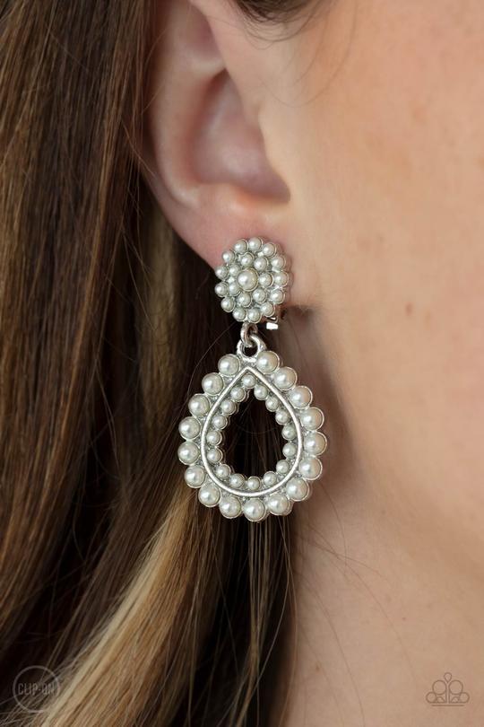 Discerning Droplets White Clip-On Earrings