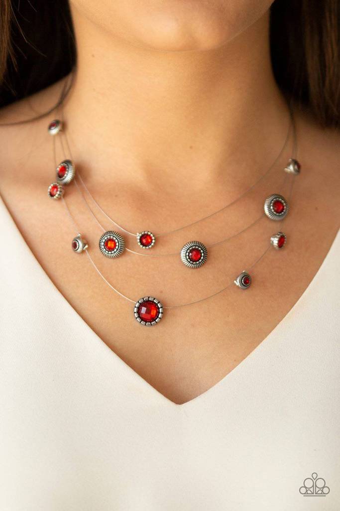 Sheer Thing! Red Rhinestone Floating Necklace